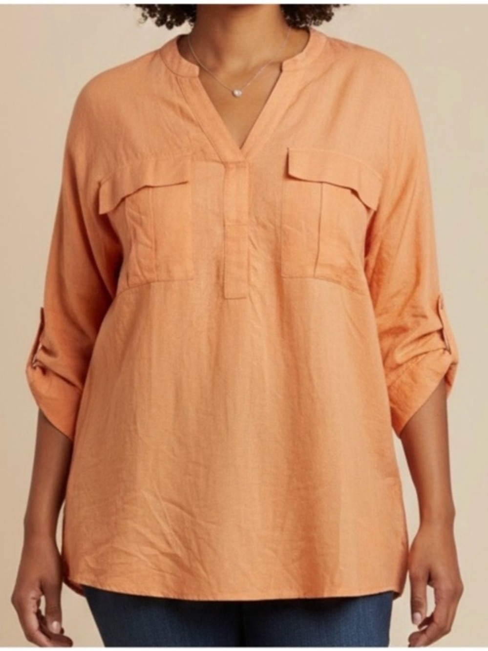 NWT Addition Elle Plus Sz 4X Linen Blend Utility Shirt Orange Melon